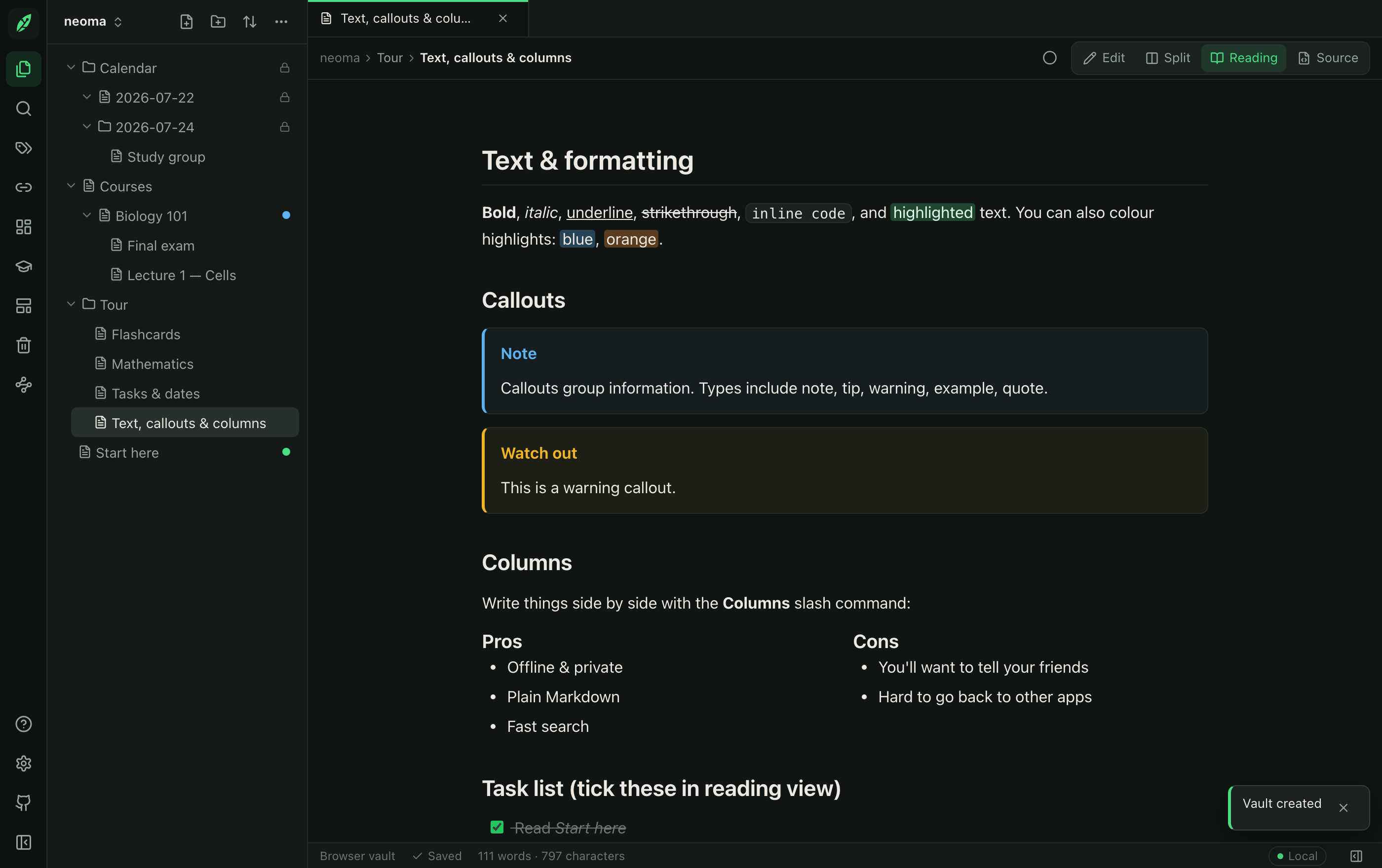 Neoma reading view with a formatted Markdown note