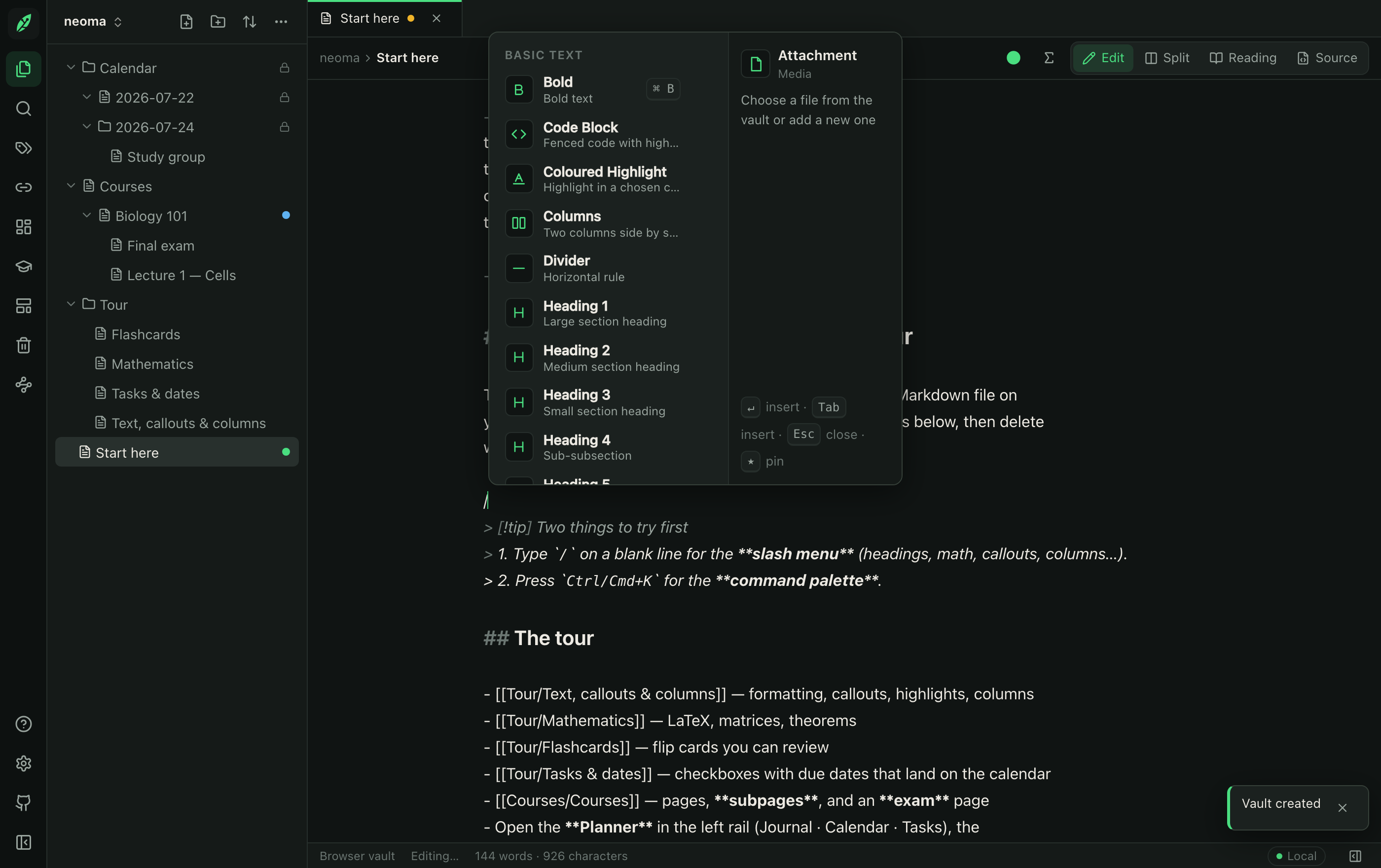 Slash-command menu in the editor